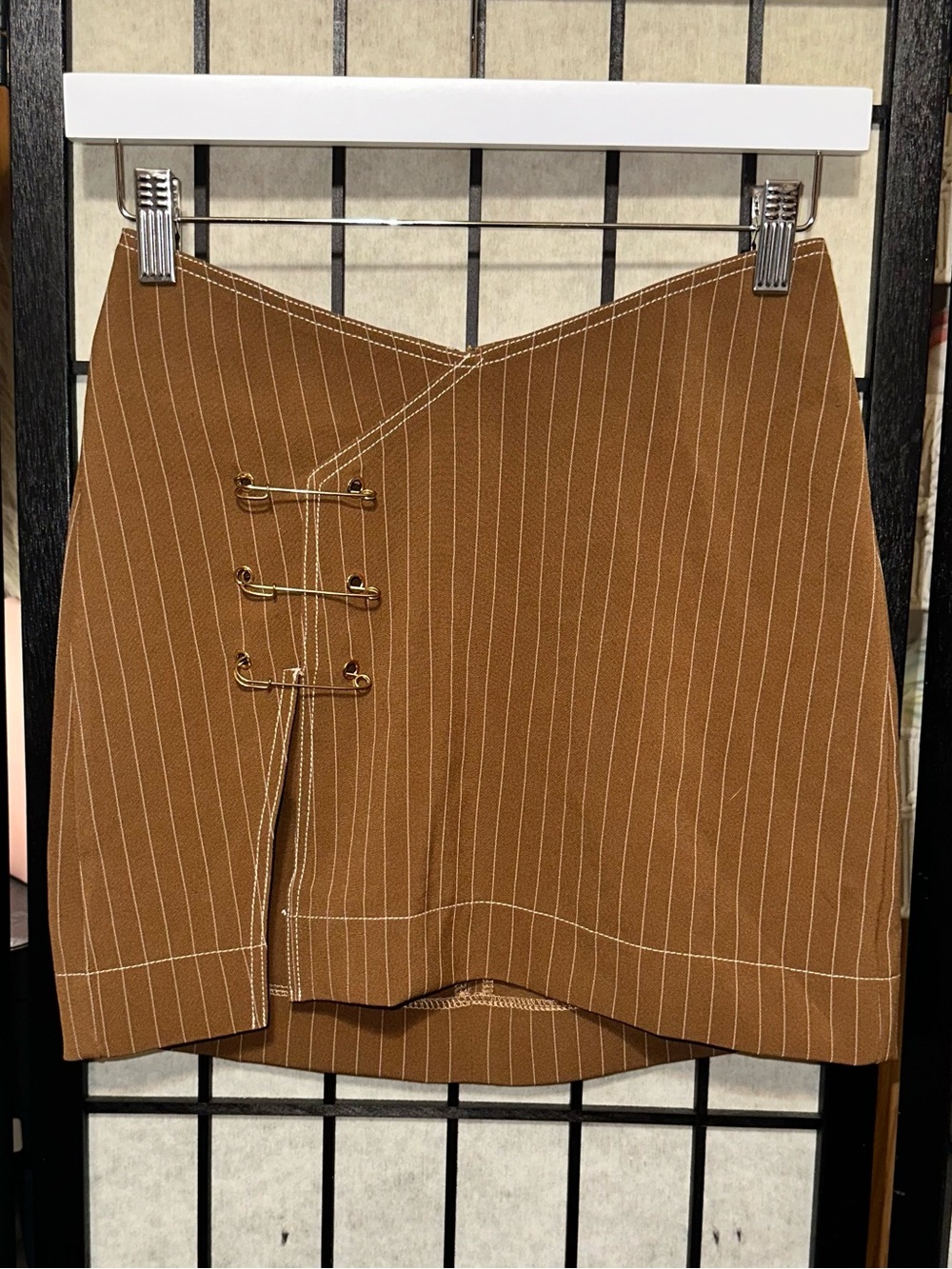 Brown Asymmetrical Pinstripe Mini Skirt Safety Pin Hook Detail